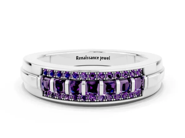 Bar-Set Princess Cut Amethyst Pavé Band Platinum