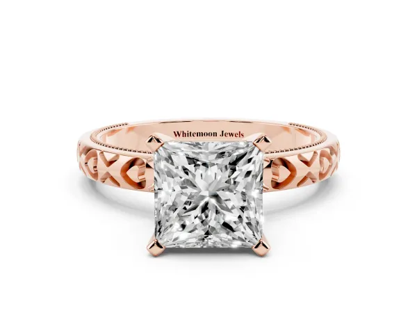 Princess Cut Solitaire Diamond Engagement Ring with XO Engraved Band and Four-Prong Setting Rose gold
