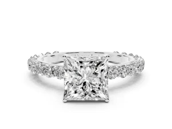 Princess Cut Cut Diamond Solitaire Ring with U-Prong Diamond Band and Four Prong Setting Platinum