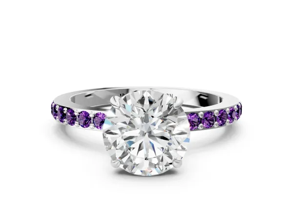 Round Cut Diamond Pavé Engagement Ring with Round Amethyst Accents and Prong Setting Silver