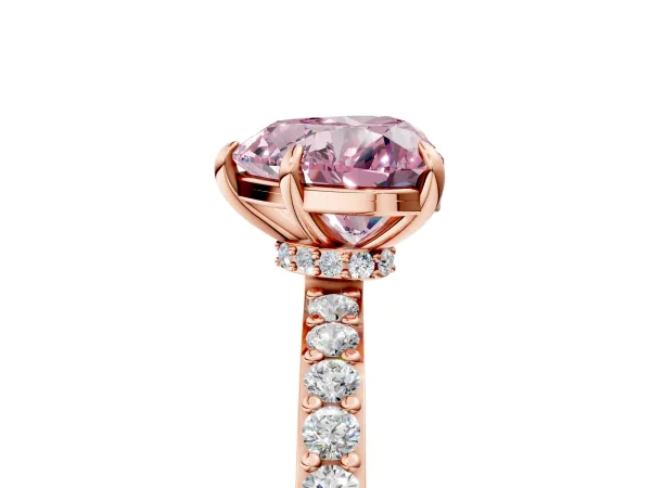 Fancy Pink Heart Cut Diamond Solitaire Engagement Ring with Pavé Band and Four-Prong Setting Rose gold