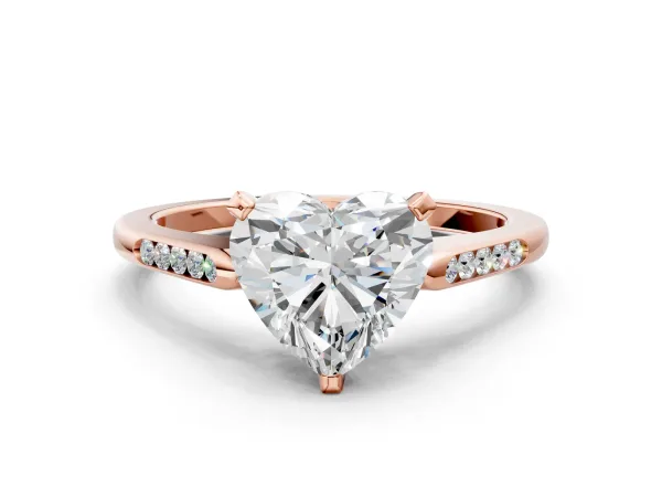 Heart Cut Diamond Solitaire Ring with Channel Set Round Band and Prong Setting Rose gold