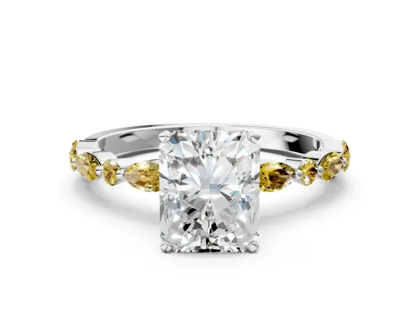 Radiant Cut Diamond Ring with Marquise and Round Yellow Sapphire Side Stones and Four-Prong Setting Platinum