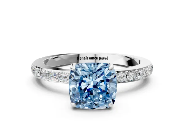 Fancy Blue Cushion Cut Diamond Solitaire Engagement Ring with Pavé Band and Four-Prong Setting Platinum
