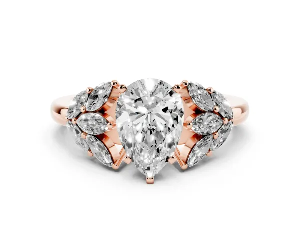 Pear Cut Diamond Cluster Leaf Design Ring with Prong Setting Rose gold
