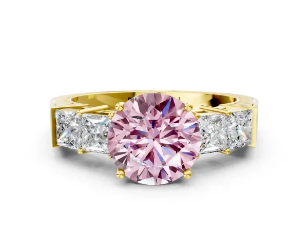 Fancy Pink Round Cut Solitaire Princess Side Stone Engraved Band Prong Setting Ring Yellow gold