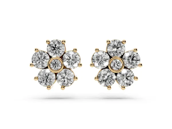 Round Diamond Flower Stud Earrings with Diamond Accent Yellow gold