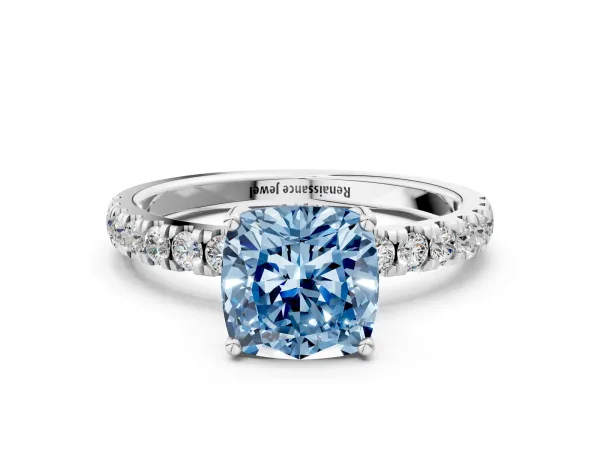 Fancy Blue Cushion Cut Diamond Pave Band Solitaire Ring with Round and Prong Setting Platinum