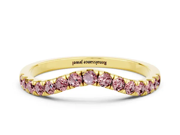 Curved Pavé Round Morganite Wedding Band with Shared Prong Setting Yellow gold