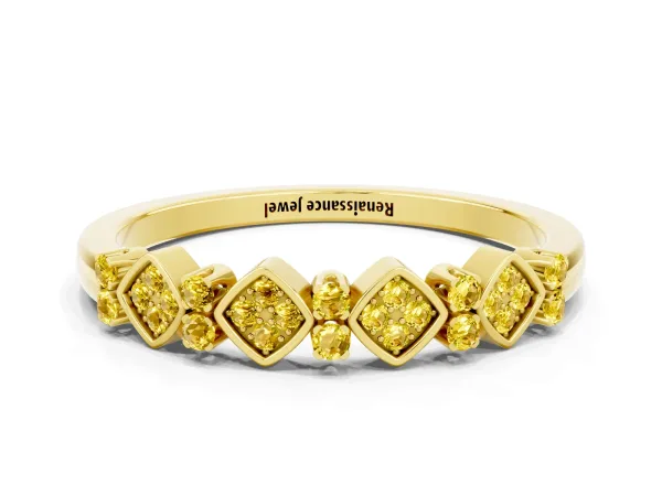 Pavé Cushion Yellow Sapphire Cluster Eternity Band with Prong Setting Yellow gold