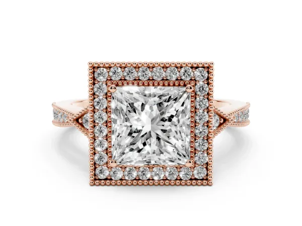Princess Cut Halo Round Diamond Milgrain Pave Engagement Ring Rose gold