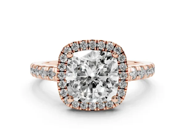 Cushion Cut Diamond Halo Ring with Pavé Band and Four-Prong Setting Rose gold