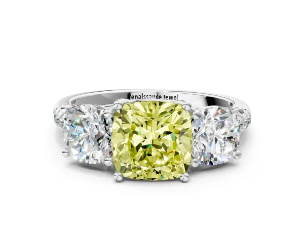 Fancy Yellow Three-Stone Cushion Cut Diamond Ring with Round Pavé Band and Prong Setting Platinum