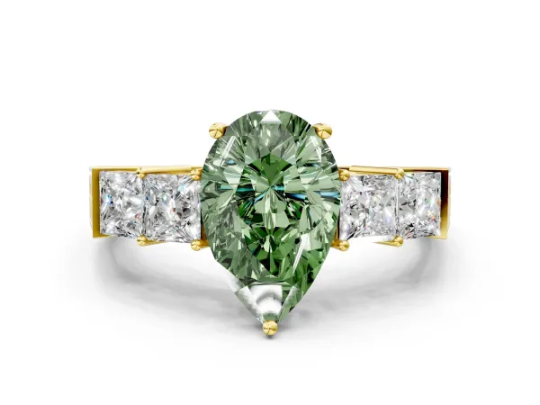 Fancy Green Pear Cut Solitaire Princess Side Stone Engraved Band Prong Setting Ring Yellow gold