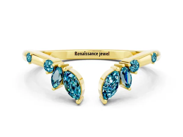 Open Marquise Cluster Blue Topaz Band with Prong Setting Yellow gold