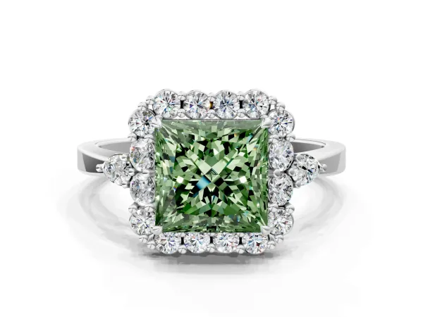 Fancy Green Princess Cut Diamond Halo Ring with Pear Side Stones and Prong Setting Silver