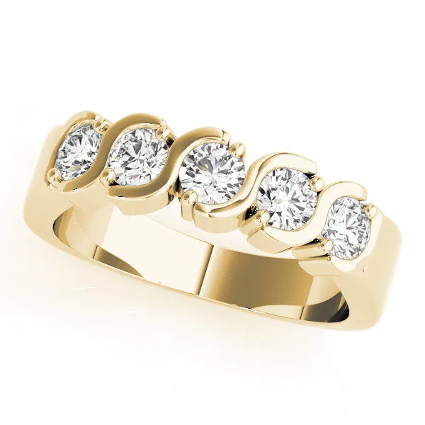 Five-Stone Round Diamond Wave Prong Setting White Gold Band Yellow gold