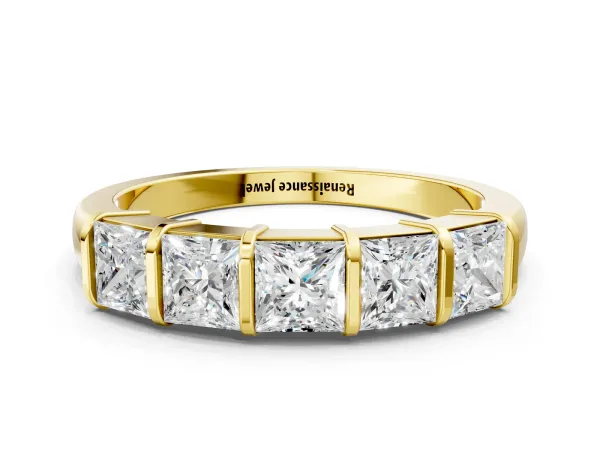 Princess Cut Channel Set Diamond Band with Bar Prong Setting Yellow gold
