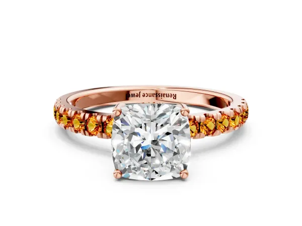 Cushion Cut Diamond Pave Band Solitaire Ring with Round Citrine and Prong Setting Rose gold