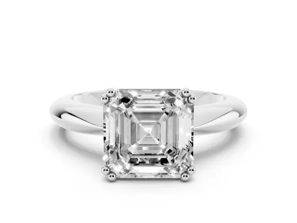 Asscher Cut Cut Solitaire Engagement Ring with Tapered Band and Four-Prong Setting White gold