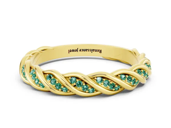 Twisted Pavé Round Green Sapphire Eternity Band with Shared Prong Setting Yellow gold