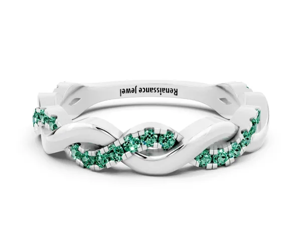 Pavé Round Green Sapphire Twist Eternity Band with Shared Prong Setting Platinum