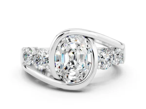 Bezel Set Oval Cut Moissanite Bypass Ring with Round Accents Platinum