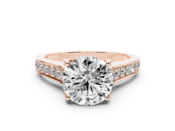 Round Cut Brilliant Cut Diamond Engagement Ring with Pavé Band and Four-Prong Setting Rose gold