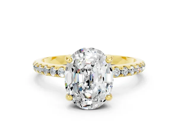 Oval Cut Moissanite Hidden Halo Engagement Ring with Round Pavé Band and Prong Setting Yellow gold
