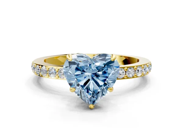 Fancy Blue Heart Cut Diamond Solitaire Engagement Ring with Pavé Band and Four-Prong Setting Yellow gold