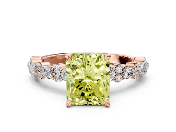 Fancy Yellow Radiant Cut Diamond Side Stone Solitaire Ring with Round and Four-Prong Setting Rose gold