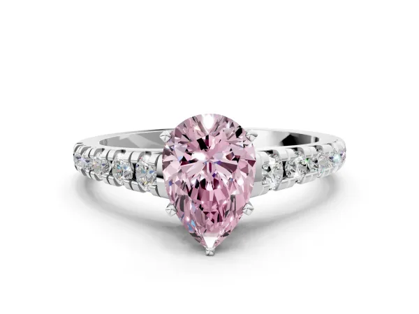 Fancy Pink Pear Cut Diamond Cathedral Solitaire Ring with Round Pavé Band White gold