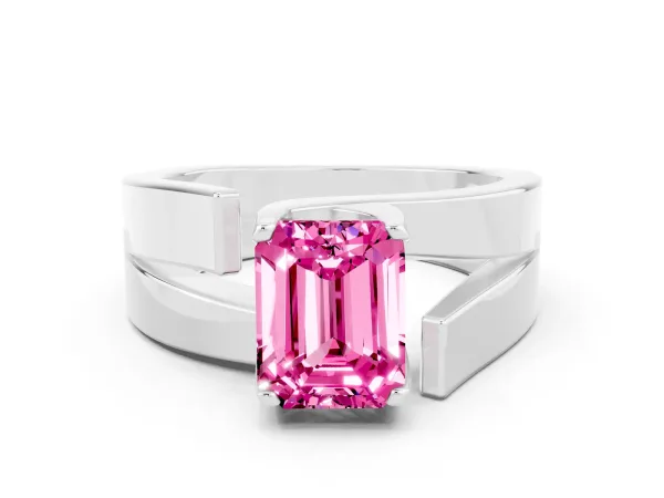 Modern Tension Set Emerald Cut Pink Sapphire Solitaire Wide Band Ring Platinum