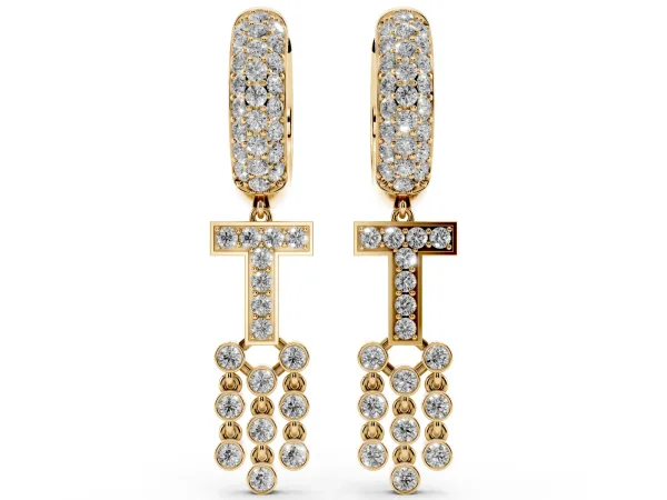 Round Diamond Initial T Huggie Hoop Earrings Yellow gold