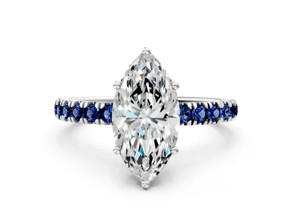 Marquise Cut Diamond Pave Band Solitaire Ring with Round Blue Sapphire and Prong Setting White gold