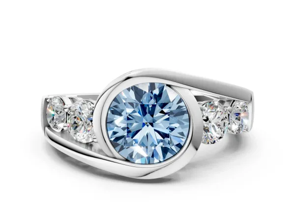 Fancy Blue Bezel Set Round Cut Diamond Bypass Ring with Round Accents Silver