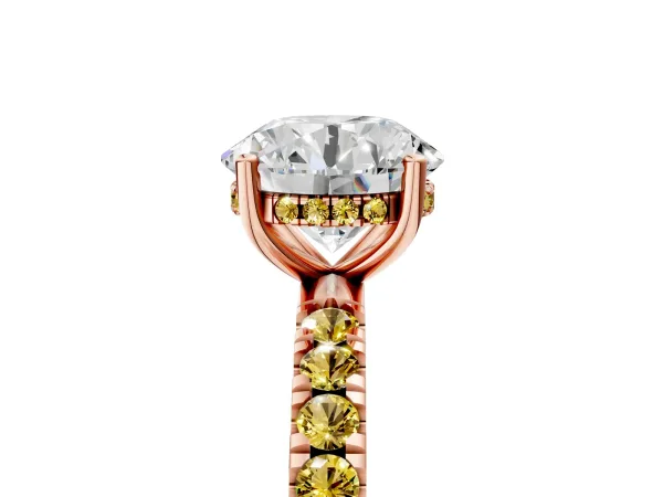 Round Cut Diamond Pave Band Solitaire Ring with Round Yellow Sapphire and Prong Setting Rose gold