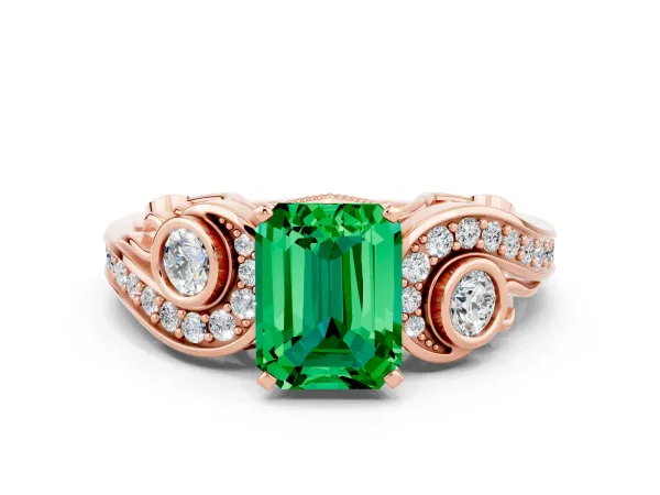 Emerald Cut Emerald Solitaire Ring with Milgrain Pavé Band and Four-Prong Setting Rose gold