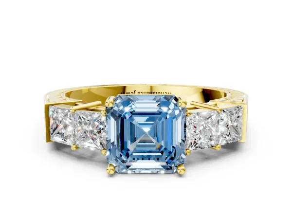 Fancy Blue Asscher Cut Solitaire Princess Side Stone Engraved Band Prong Setting Ring Yellow gold