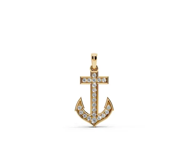 Pavé Round Diamond Anchor Pendant with Four-Prong Setting Yellow gold