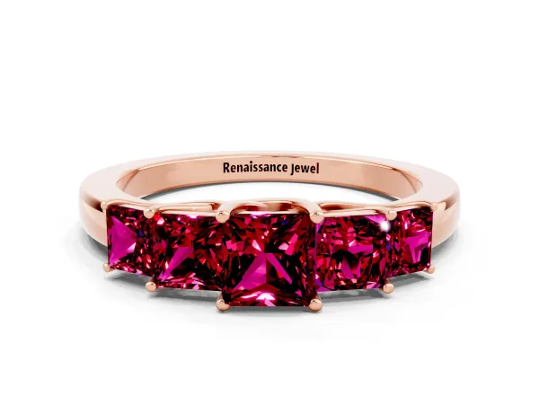 Princess Cut Five-Stone Garnet Ring with Classic Prong Setting Rose gold