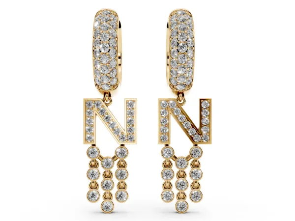 Round Diamond Initial N Huggie Hoop Earrings Yellow gold