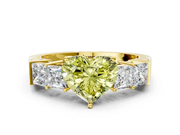Fancy Yellow Heart Cut Solitaire Princess Side Stone Engraved Band Prong Setting Ring Yellow gold