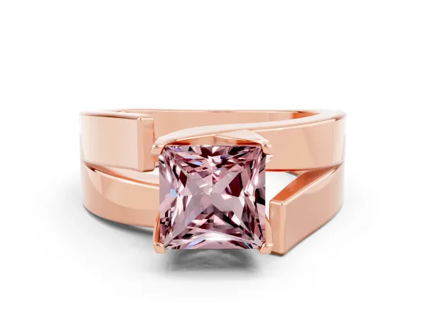 Modern Tension Set Princess Cut Morganite Solitaire Wide Band Ring Rose gold