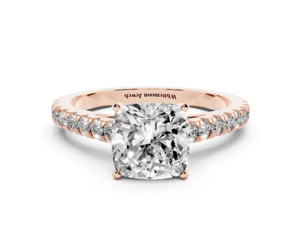 Cushion Cut Cut Solitaire Diamond Ring with Pave Band and Four-Prong Setting Rose gold