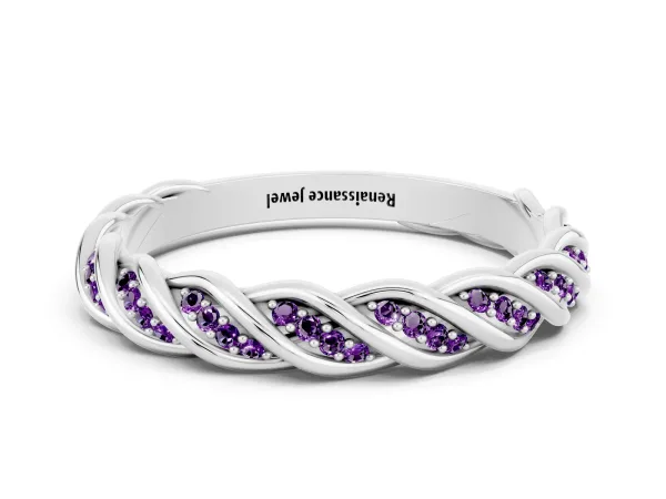 Twisted Pavé Round Amethyst Eternity Band with Shared Prong Setting Platinum