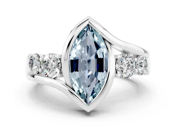Bezel Set Marquise Cut Aquamarine Bypass Ring with Round Accents Platinum
