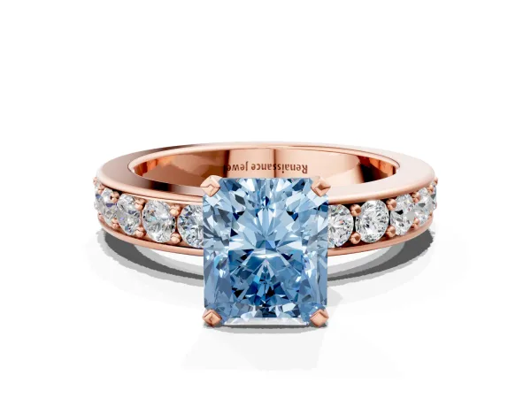 Fancy Blue Radiant Cut Diamond Engagement Ring with Channel Set Round Band and Prong Setting Rose gold