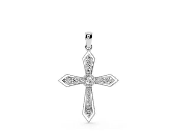 Round Diamond Milgrain Cross Pendant with Bezel Setting White gold
