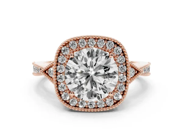 Round Cut Halo Round Diamond Milgrain Pave Engagement Ring Rose gold